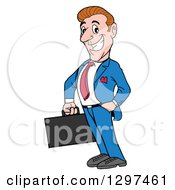 Cartoon Gung Ho White Businessman Facing Left And Holding A Briefcase One Hand In A Pocket