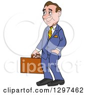 Poster, Art Print Of Cartoon Frumpy White Businessman Facing Left And Holding A Briefcase One Hand In A Pocket