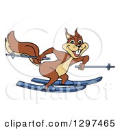 Poster, Art Print Of Cartoon Excited Brown Squirrel Skiing