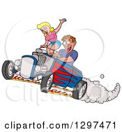 Cartoon Salivating Drooling White Man Peeling Out In A Hot Rod And Checking Out A Blond Female Passenger