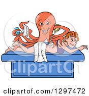 Poster, Art Print Of Cartoon Masseuse Octopus Massaging A White Woman At A Spa