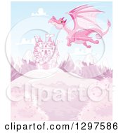 Poster, Art Print Of Pink Dragon Flying Over A Fairy Tale Castle On A Hill With Snow Capped Mountains