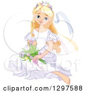 Poster, Art Print Of Pretty Blond Spring Time Princess Sitting On The Floor With Flowers