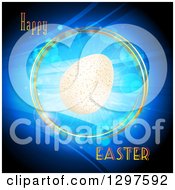 Poster, Art Print Of 3d Speckled Egg In A Ring Of Rays And Flares Over Blue And Happy Easter Text