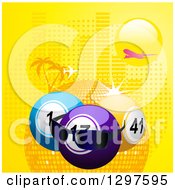 Poster, Art Print Of Plane Flying Over A Sun 3d Lottery Or Bingo Balls With Sunglasses And A Disco Sphere With Halftone And Palm Trees