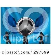 Clipart Of A Winged Music Speaker With Silhouetted Male And Female Dancers On Blue With Mesh Waves Royalty Free Vector Illustration