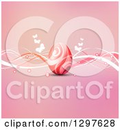 Clipart Of A 3d Red Swirl Patterned Easter Egg With Butterflies And Waves On Pink Royalty Free Vector Illustration