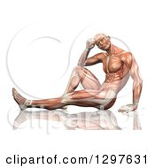 Poster, Art Print Of 3d Detailed Man With Visible Muscles Sitting On The Floor On White