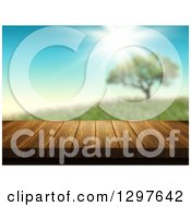 Clipart Of A 3d Wood Deck Or Table With A View Of A Tree On A Hill Royalty Free Illustration