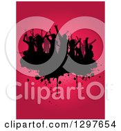 Crowd Of Black Silhouetted Dancers On Grunge Over Gradient Pink