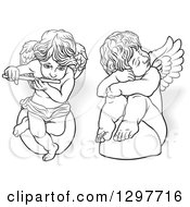 Poster, Art Print Of Black And White Angels Sitting On Rocks One Sad One Playing A Flute With Shadows