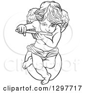 Clipart Of A Black And White Angel Sitting On A Rock And Playing A Flute Royalty Free Vector Illustration