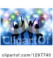Poster, Art Print Of Black Silhouetted Female Dancers Or Singers Over Blue With Colorful Sparkling Lights