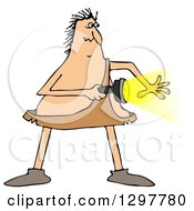 Clipart Of A Chubby Caveman Shining A Flashlight To The Right Royalty Free Illustration