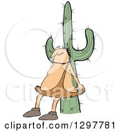 Clipart Of A Chubby Caveman Scratching His Back Against A Cactus Royalty Free Vector Illustration