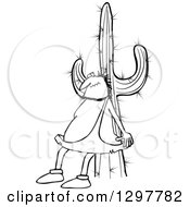 Clipart Of A Black And White Chubby Caveman Scratching His Back Against A Cactus Royalty Free Vector Illustration