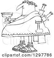 Black And White Chubby Julius Caesar Holding A Goblet With Knives Stabbed In His Back