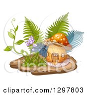 Poster, Art Print Of Mushroom House With Ferns A Vine And Flowers