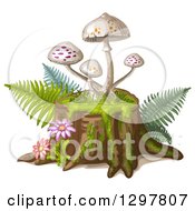 Poster, Art Print Of White Spotted Mushrooms On A Tree Stump With Flowers And Ferns