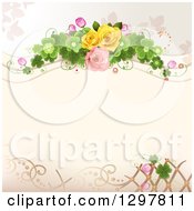 Poster, Art Print Of Floral Rose Wedding Background With Shamrock Clovers And Lattice