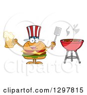 Cartoon American Cheeseburger Character Holding A Beer And Spatula By A Bbq Grill