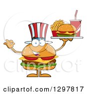Cartoon American Cheeseburger Character Holding A Tray And Gesturing Ok