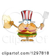 Cartoon American Cheeseburger Character Holding A Beer And Spatula