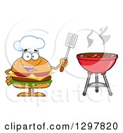 Poster, Art Print Of Cartoon Cheeseburger Chef Character Holding A Spatula By A Bbq Grill