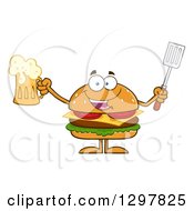 Cartoon Cheeseburger Character Holding A Beer And Spatula by Hit Toon