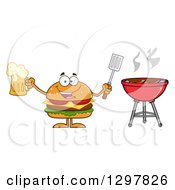 Poster, Art Print Of Cartoon Cheeseburger Character Holding A Beer And Spatula By A Bbq Grill