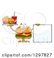 Poster, Art Print Of Cartoon Cheeseburger Character Holding Up A A Tray And A Blank Sign