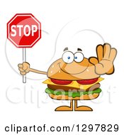 Clipart Of A Cartoon Cheeseburger Character Gesturing And Holding A Stop Sign Royalty Free Vector Illustration