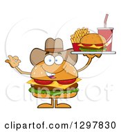 Poster, Art Print Of Cartoon Cheeseburger Cowboy Character Holding A Tray And Gesturing Ok