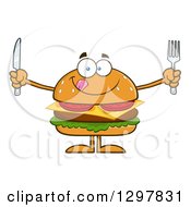 Poster, Art Print Of Cartoon Hungry Cheeseburger Character Holding A Knife And Fork