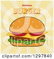 Clipart Of A Cartoon Cheeseburger With Text Over Rays Royalty Free Vector Illustration