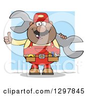 Cartoon Black Or Hispanic Male Mechanic Wearing A Tool Belt Giving A Thumb Up And Holding A Giant Wrench Over Blue