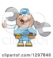 Poster, Art Print Of Cartoon White Male Mechanic Wearing A Tool Belt Giving A Thumb Up And Holding A Giant Wrench