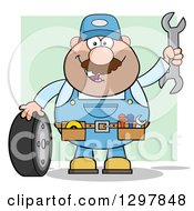 Clipart Of A Cartoon White Male Mechanic Wearing A Tool Belt Waving With A Wrench And Standing With A Tire Over Green Royalty Free Vector Illustration