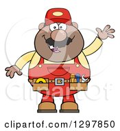 Cartoon Black Or Hispanic Male Mechanic Wearing A Tool Belt And Waving