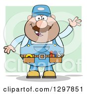 Poster, Art Print Of Cartoon White Male Mechanic Wearing A Tool Belt And Waving Over Green