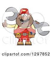 Poster, Art Print Of Cartoon Black Or Hispanic Male Mechanic Wearing A Tool Belt Giving A Thumb Up And Holding A Giant Wrench
