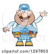 Poster, Art Print Of Cartoon White Male Mechanic Wearing A Tool Belt And Waving