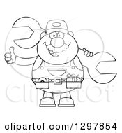 Clipart Of A Cartoon Black And White Male Mechanic Wearing A Tool Belt Giving A Thumb Up And Holding A Giant Wrench Royalty Free Vector Illustration