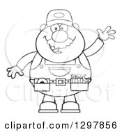 Poster, Art Print Of Cartoon Black And White Male Mechanic Wearing A Tool Belt And Waving