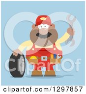 Poster, Art Print Of Cartoon Flat Design Black Or Hispanic Male Mechanic Wearing A Tool Belt Waving With A Wrench And Standing With A Tire Over Blue