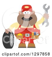 Poster, Art Print Of Cartoon Flat Design Black Or Hispanic Male Mechanic Wearing A Tool Belt Waving With A Wrench And Standing With A Tire