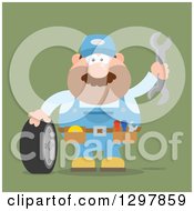 Poster, Art Print Of Cartoon Flat Design White Male Mechanic Wearing A Tool Belt Waving With A Wrench And Standing With A Tire Over Green