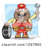 Poster, Art Print Of Cartoon Black Or Hispanic Male Mechanic Wearing A Tool Belt Waving With A Wrench And Standing With A Tire Over Blue