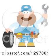 Poster, Art Print Of Cartoon Flat Design White Male Mechanic Wearing A Tool Belt Waving With A Wrench And Standing With A Tire
