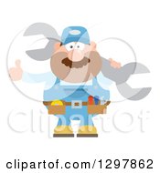 Poster, Art Print Of Cartoon Flat Design White Male Mechanic Wearing A Tool Belt Giving A Thumb Up And Holding A Giant Wrench